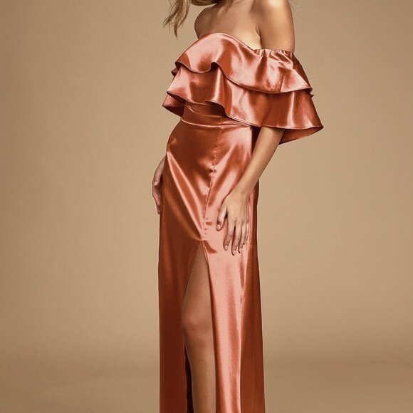 NWT Lulus Pure Happiness Rust Orange Satin Off-the-Shoulder Maxi Dress - Picture 2 of 8